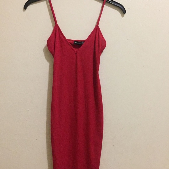 red plunge midi dress
